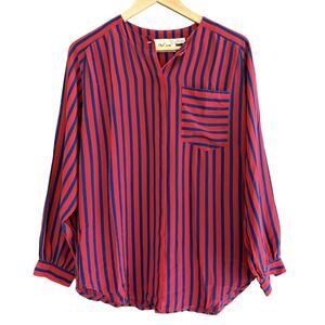 Oleg Cassini Vintage Red and Blue Striped Silk Long Sleeve Button Up Top Size 8